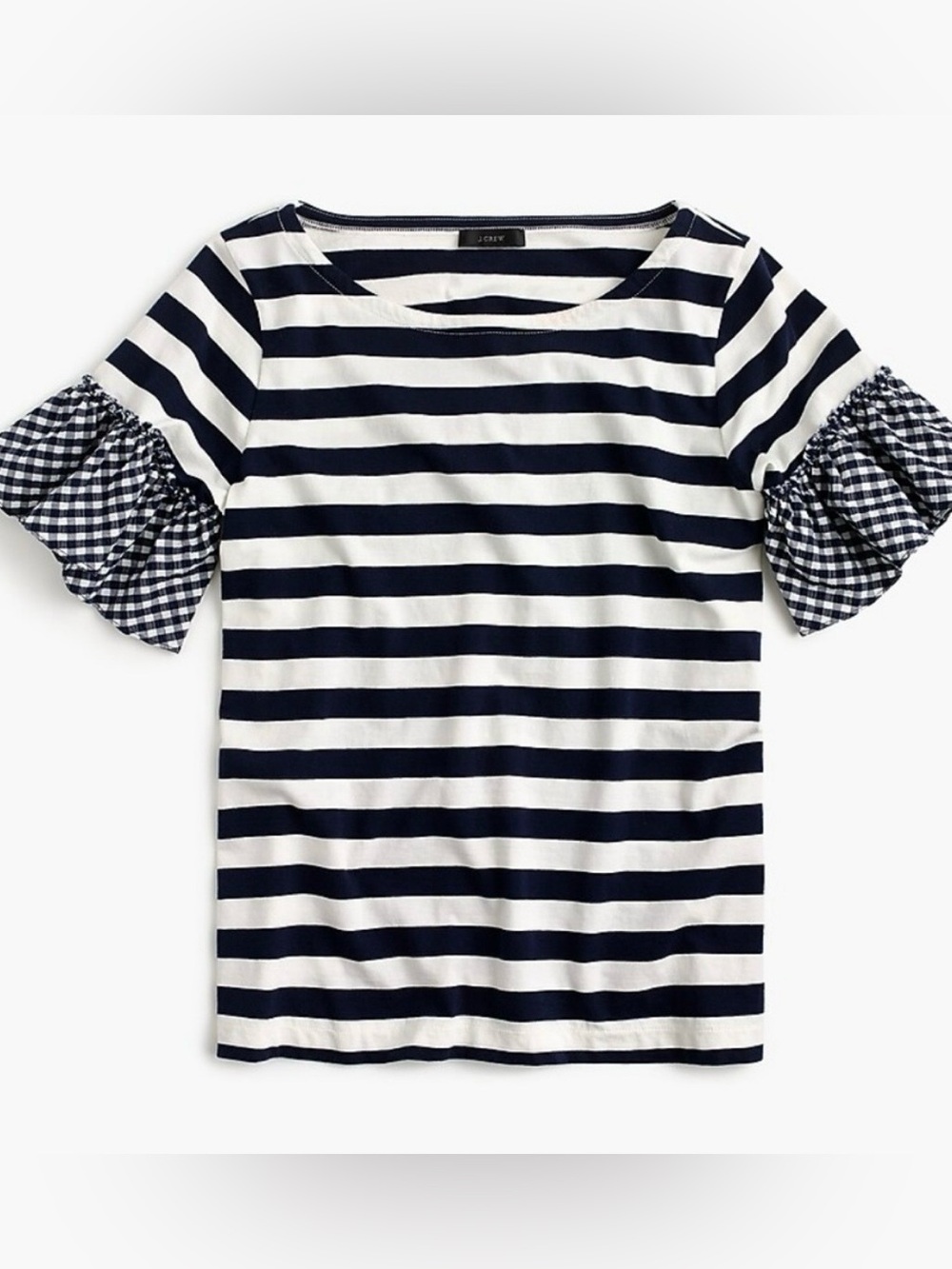 J Crew navy and white striped tee with gingham sleeve